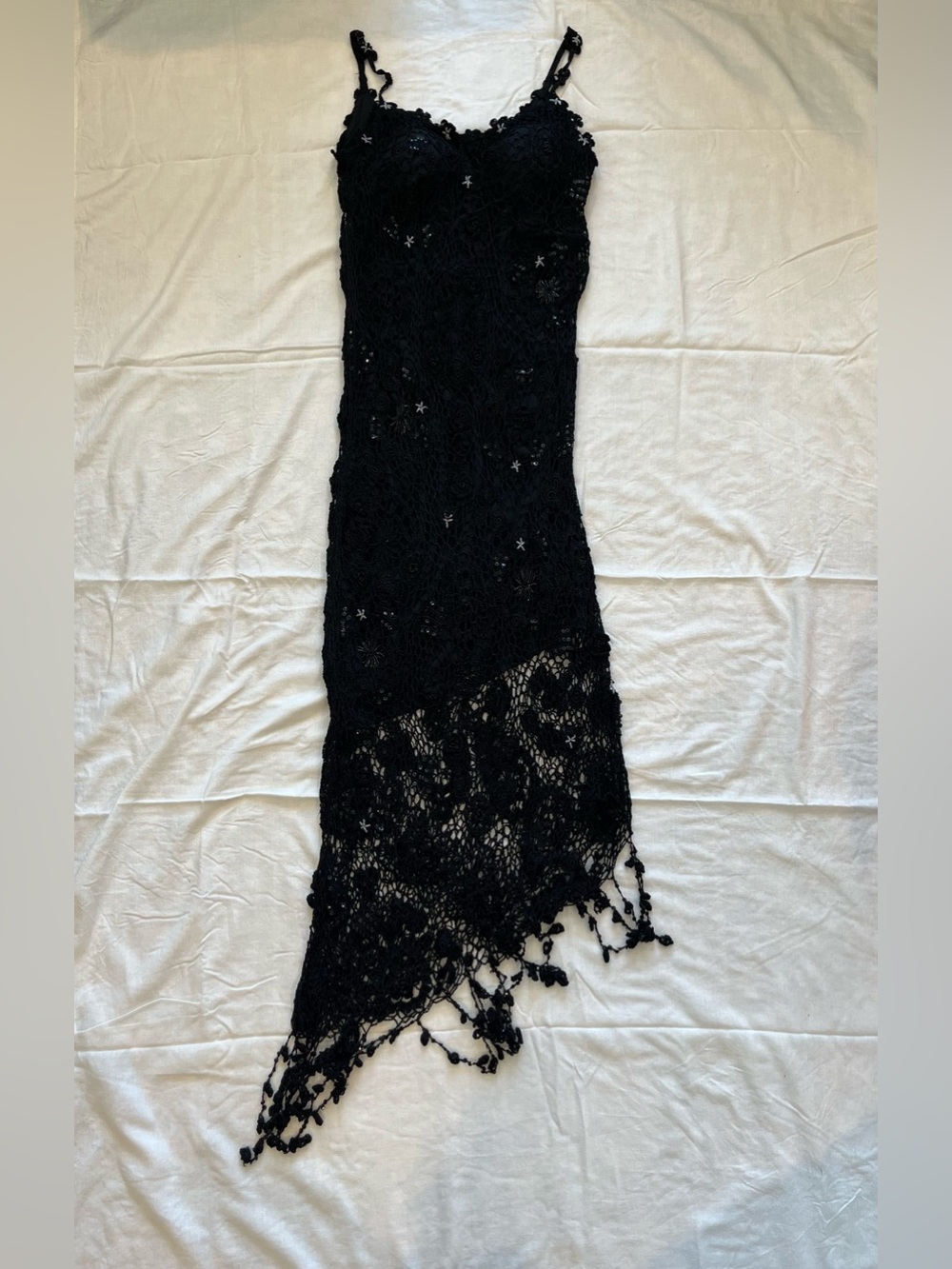 Black Lace Midi Dress with Asymmetric Hem